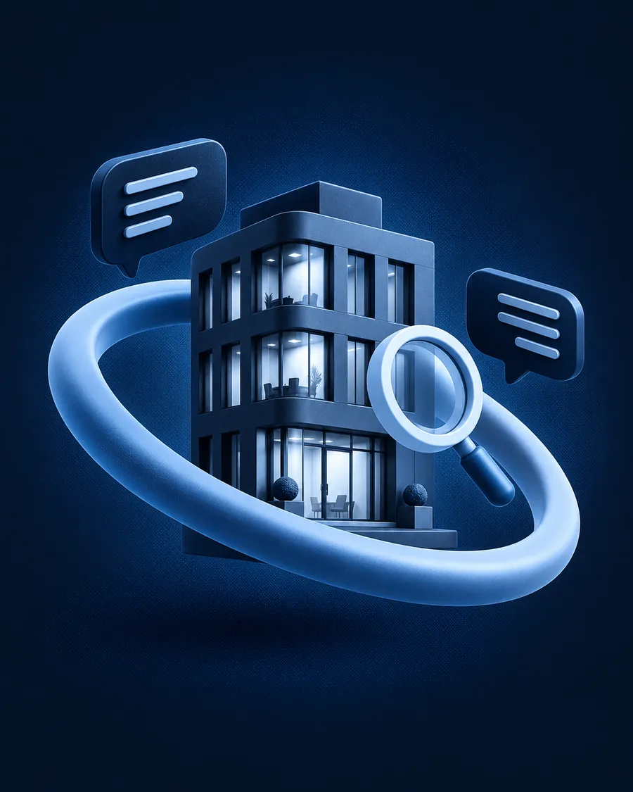 Ein Unternehmen im Fokus: ein Bürogebäude mit einem Ring und Sprechblasen.